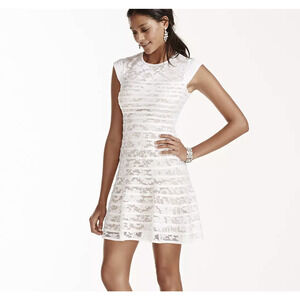 Betsy & Adam Ivory Lace Fit Flare Cap Sleeve Striped Mini Dress Size 6 Bridal
